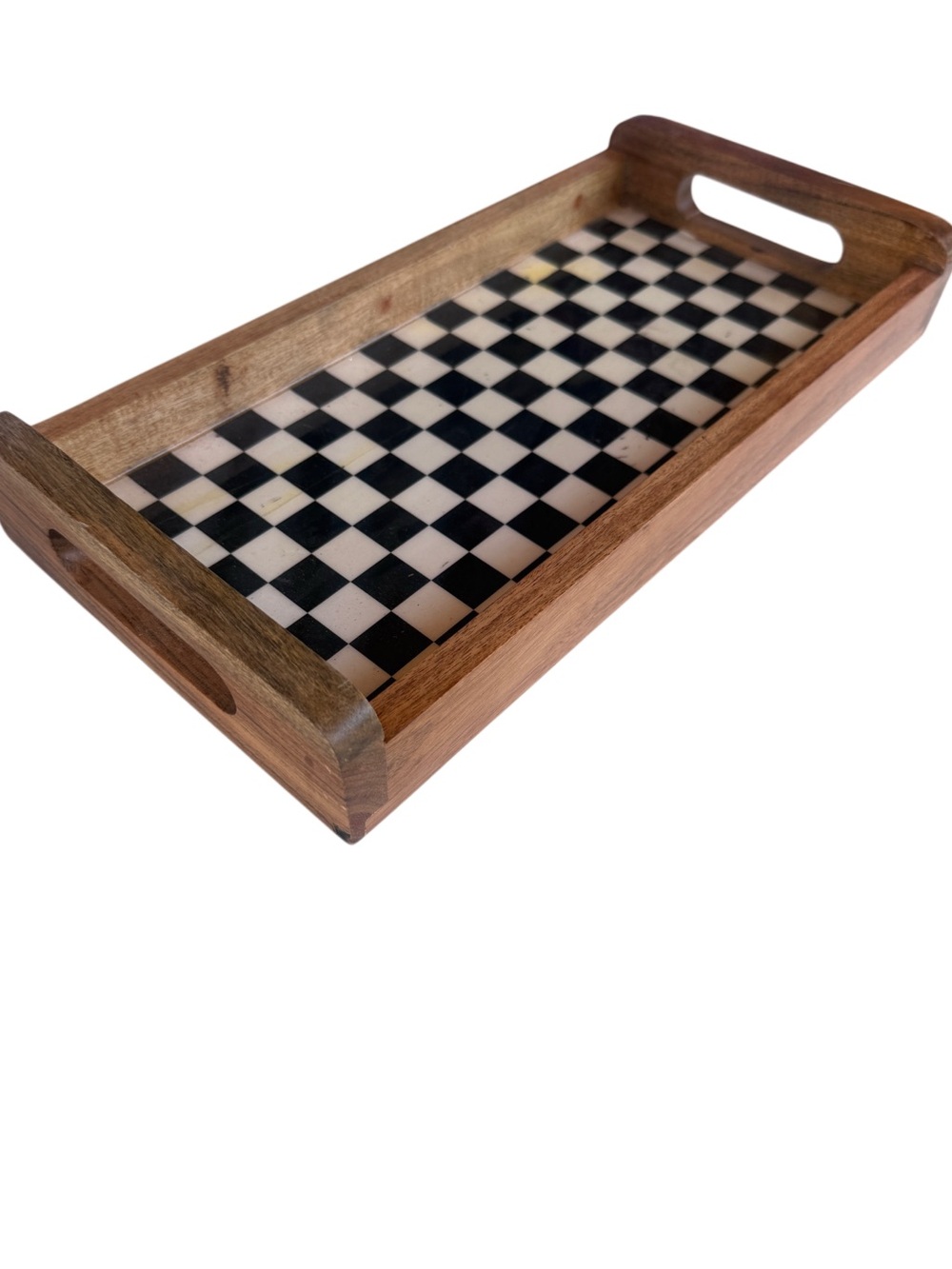 Vintage Wood Serving Tray with Black and White Checkerboard Inset 16x8”